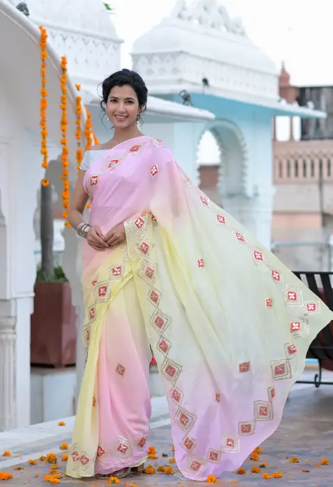 Pink and yellow shaded saree